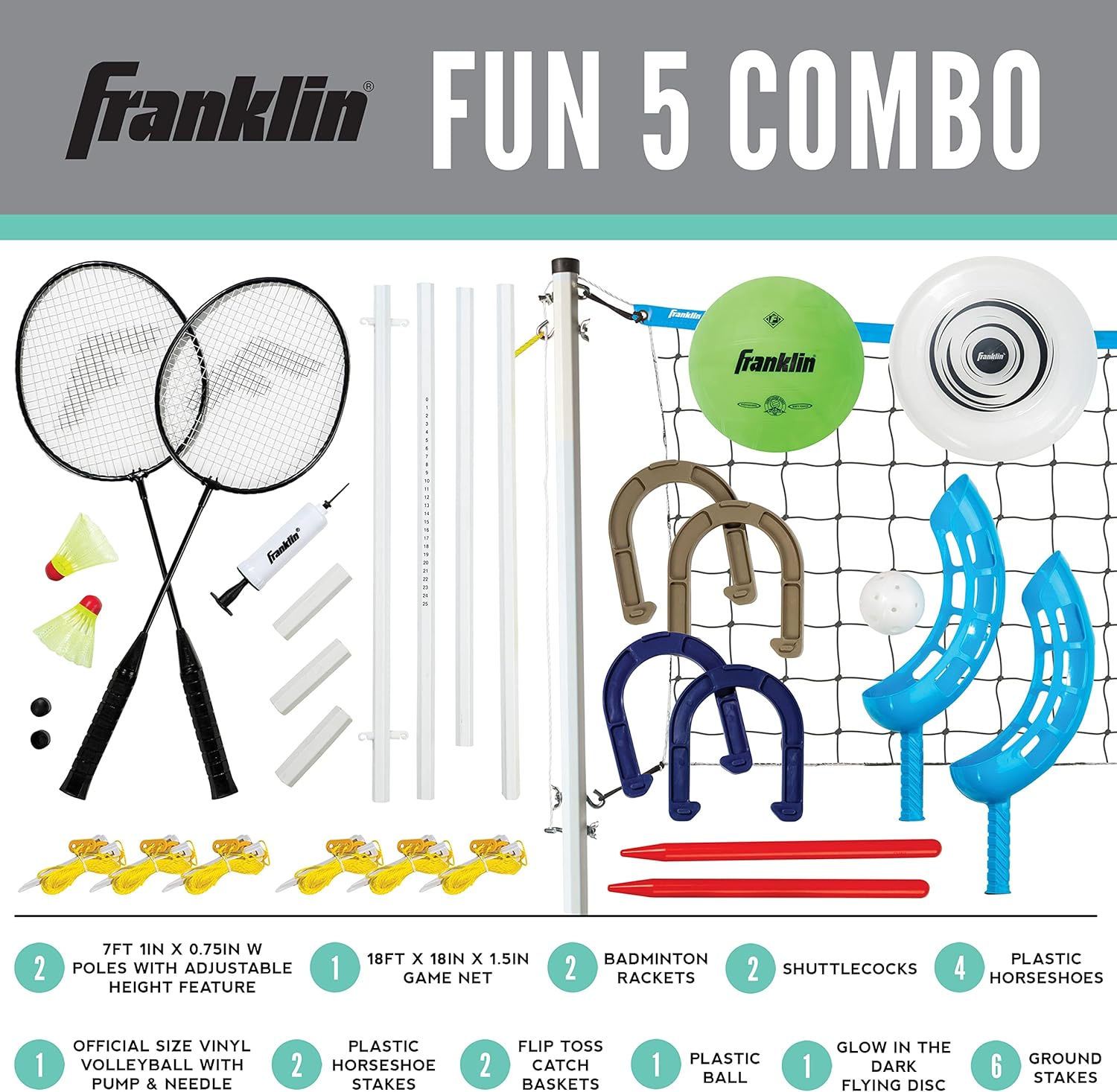 Franklin Sports Fun 5 Combo Outdoor Game Set - Backyard, Beach + Camping Games for Kids - Badminton, Volleyball, Flip Toss, Flying Disc - Horseshoes or Ring Toss-1