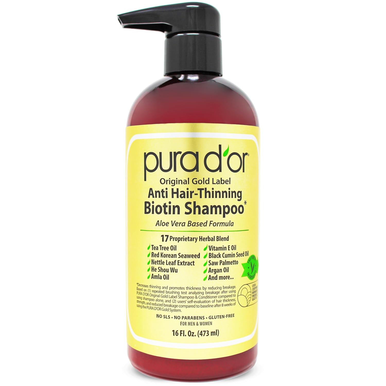 PURA D'OR 16 Oz Original Gold Label Anti-Thinning Biotin Shampoo Natural Earthy Scent, CLINICALLY TESTED Effective Results, Herbal DHT Blocker Hair Thickening Products, Women & Men, Color Treated Hair-0