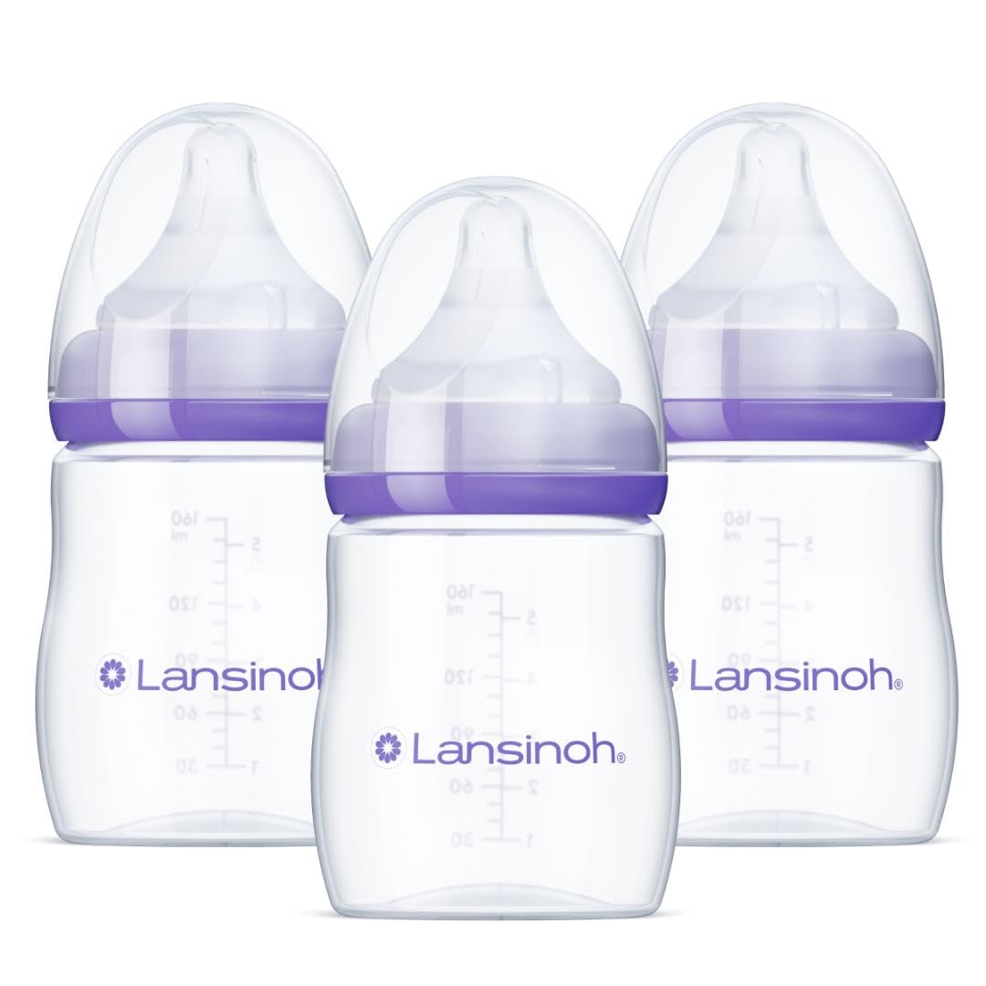 Lansinoh Anti-Colic Baby Bottles for Breastfeeding Babies, 5 Ounces, 3 Count, Includes 3 Slow Flow Nipples, Size S-0