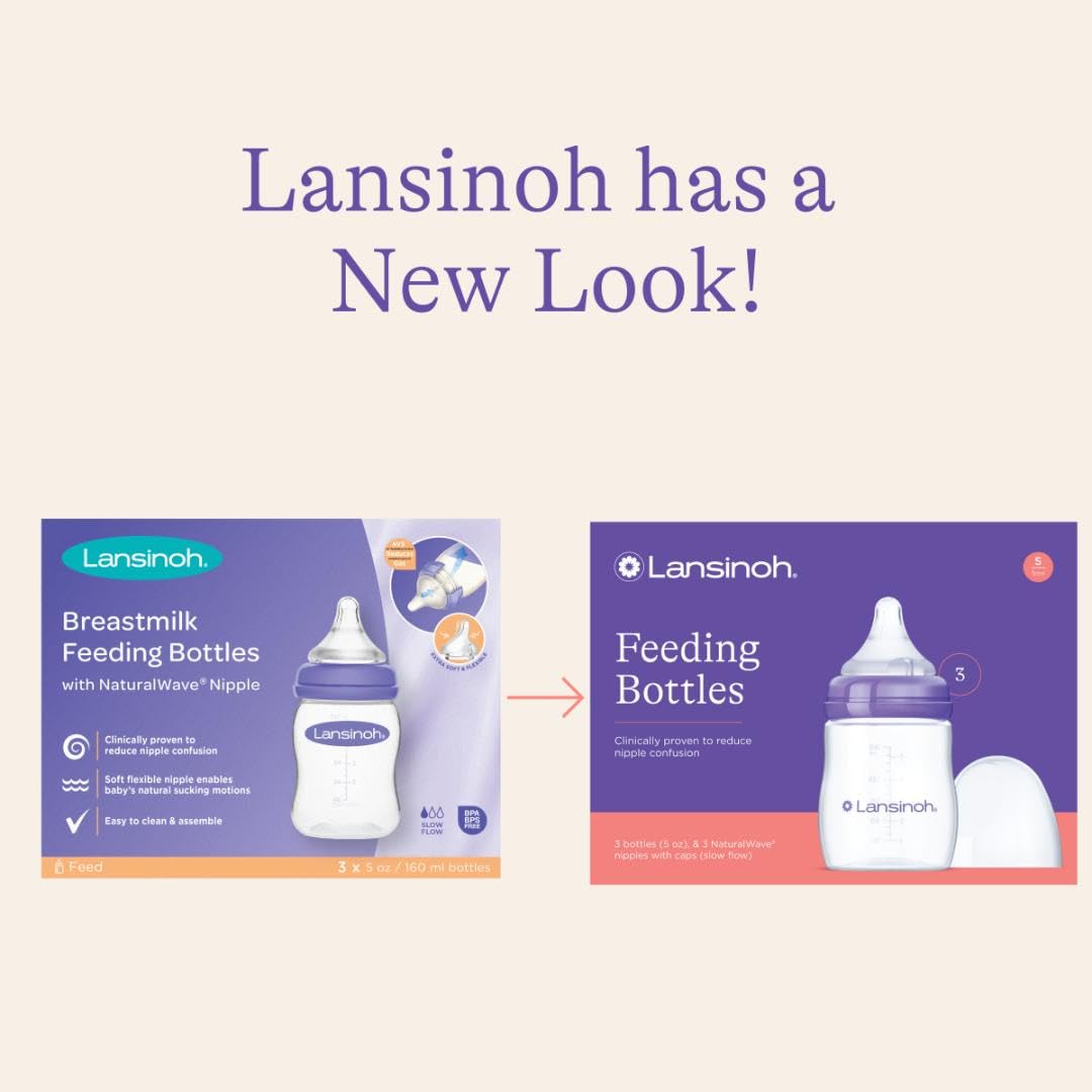 Lansinoh Anti-Colic Baby Bottles for Breastfeeding Babies, 5 Ounces, 3 Count, Includes 3 Slow Flow Nipples, Size S-1