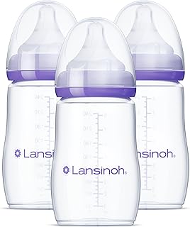 Lansinoh Anti-Colic Baby Bottles for Breastfeeding Babies, 8 Ounces, 3 Count, Includes 3 Medium Flow Nipples, Size M