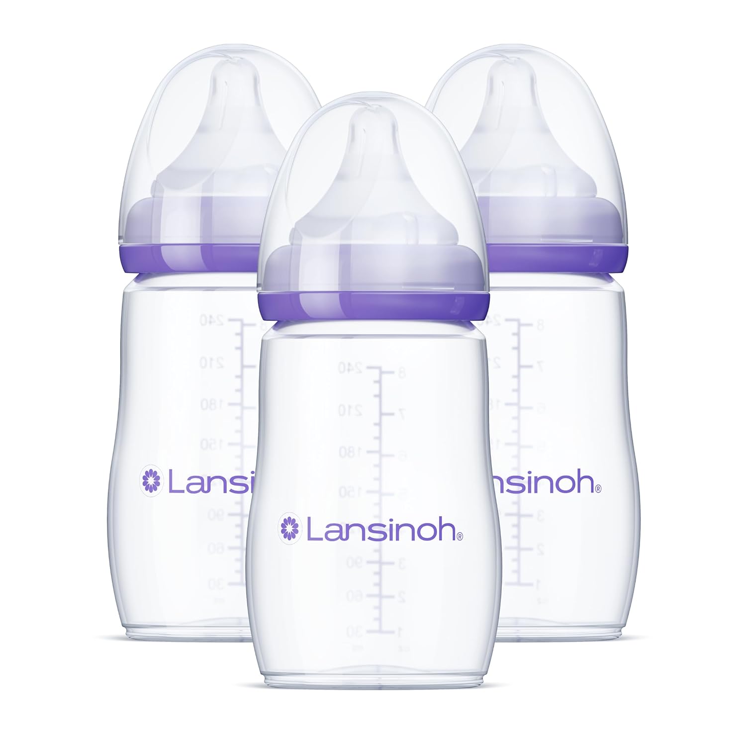 Lansinoh Anti-Colic Baby Bottles for Breastfeeding Babies, 8 Ounces, 3 Count, Includes 3 Medium Flow Nipples, Size M-0