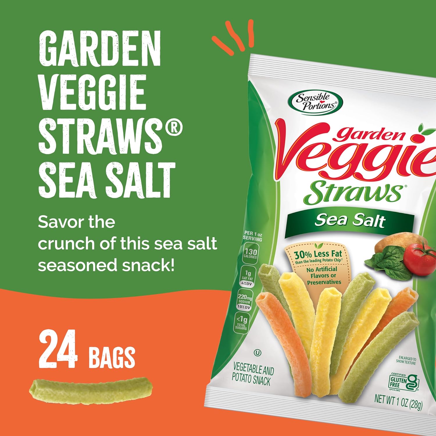 Sensible Portions Veggie Straws, Sea Salt Flavor, Gluten-Free Chips, Individual Snacks, 1 Ounce Bag, 24-Pack-1