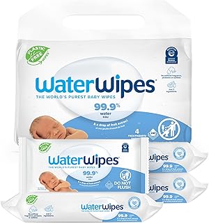 WaterWipes Biodegradable Original Baby Wipes, 99.9% Water Based Wipes, Unscented & Hypoallergenic for Sensitive Skin, 240 Count (4 packs), Packaging May Vary