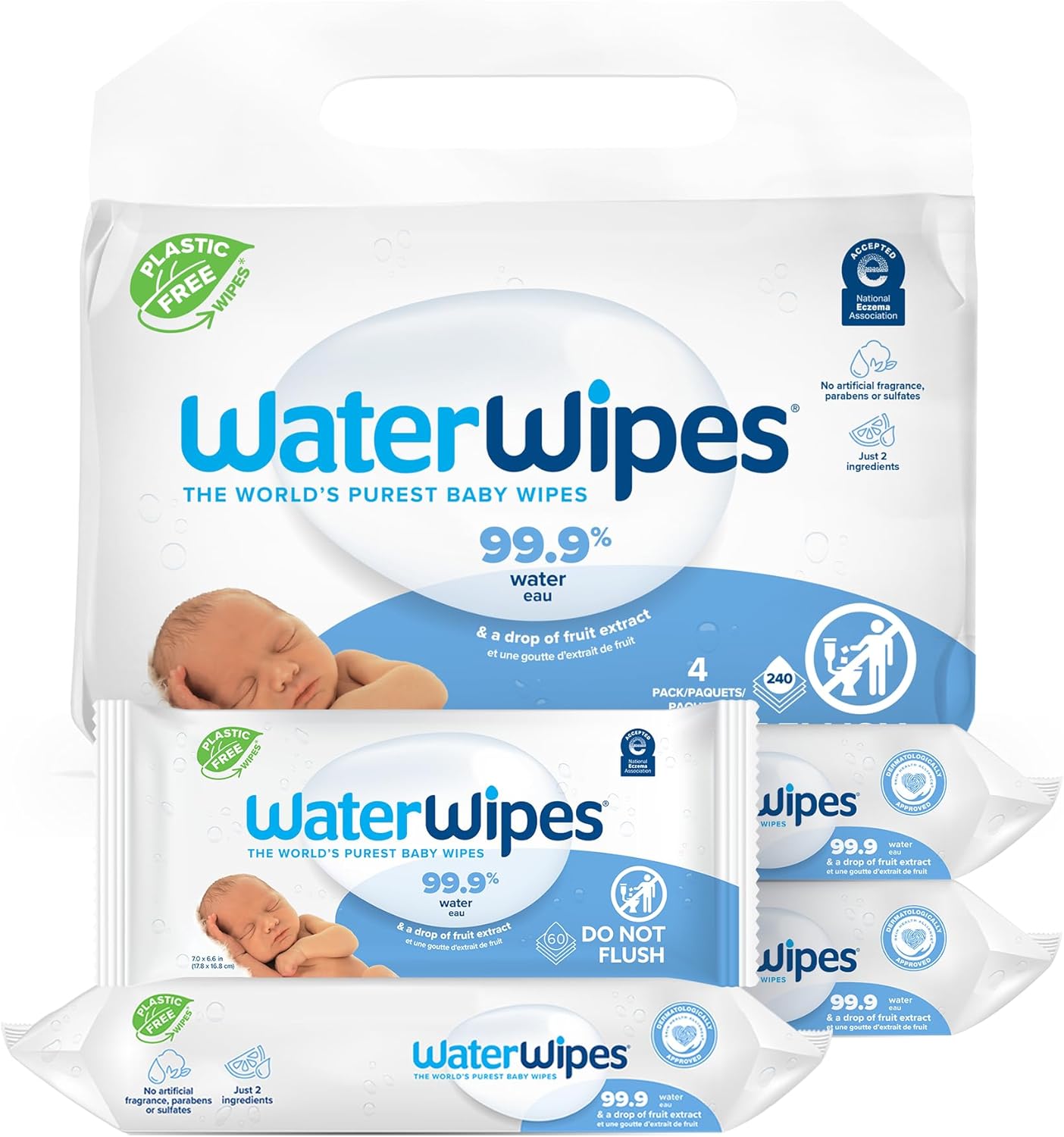 WaterWipes Biodegradable Original Baby Wipes, 99.9% Water Based Wipes, Unscented & Hypoallergenic for Sensitive Skin, 240 Count (4 packs), Packaging May Vary-0