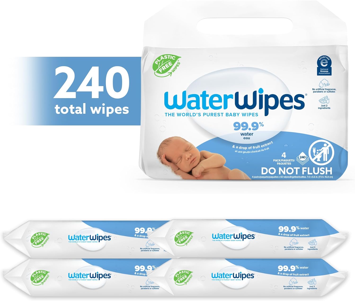 WaterWipes Biodegradable Original Baby Wipes, 99.9% Water Based Wipes, Unscented & Hypoallergenic for Sensitive Skin, 240 Count (4 packs), Packaging May Vary-1