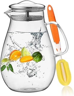 HIWARE 64 Ounces Glass Pitcher with Lid/Water Pitcher with Handle - Good Beverage Carafe Pitcher for Juice, Milk, Beverage, Hot/Cold Water & Iced Tea, Cleaning Brush Included