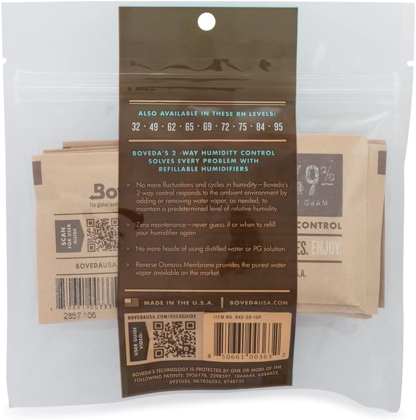 Boveda 49% Two-Way Humidity Control Packs for Music Bows & Small Woodwinds – Size 8 – 10 Pack – Moisture Absorbers for Small Instrument Cases – Humidifier Packs – Hydration Packets in Resealable Bag-1