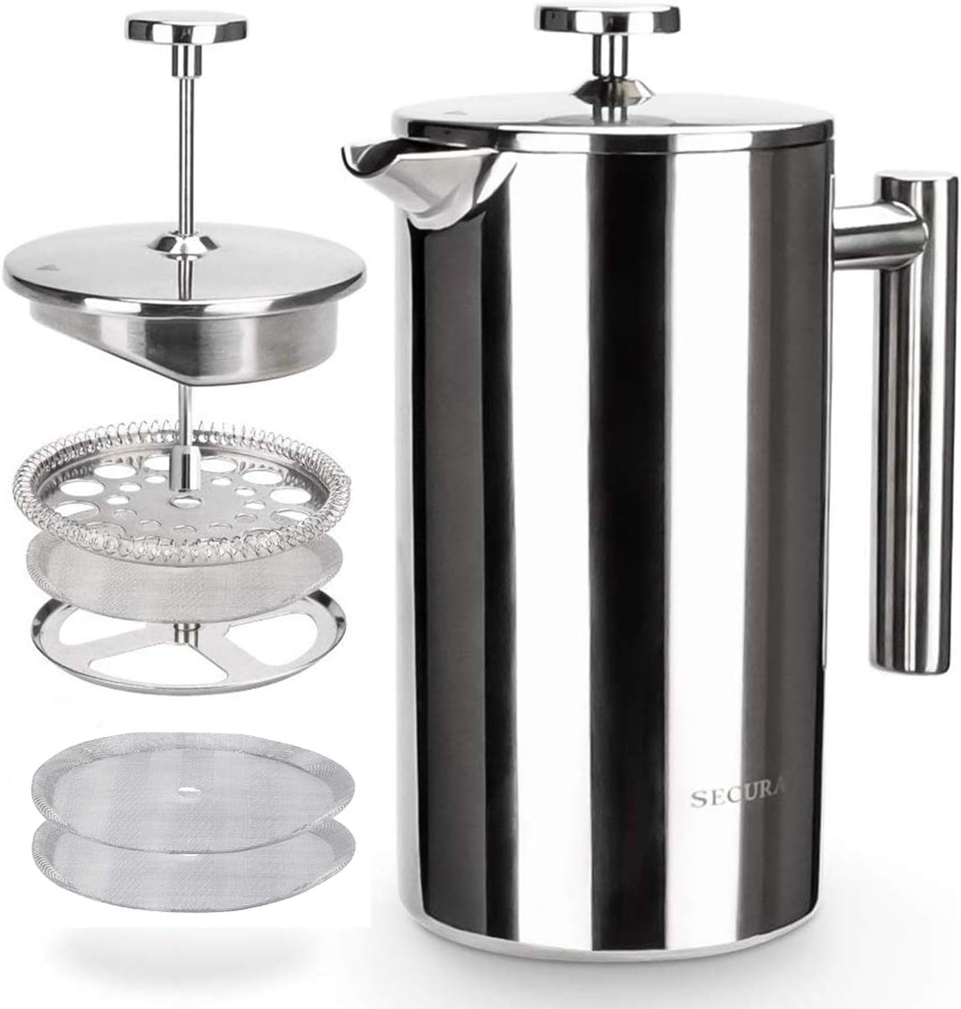 Secura French Press Coffee Maker, 304 Grade Stainless Steel Insulated Coffee Press with 2 Extra Screens, 34oz (1 Litre), Silver-0