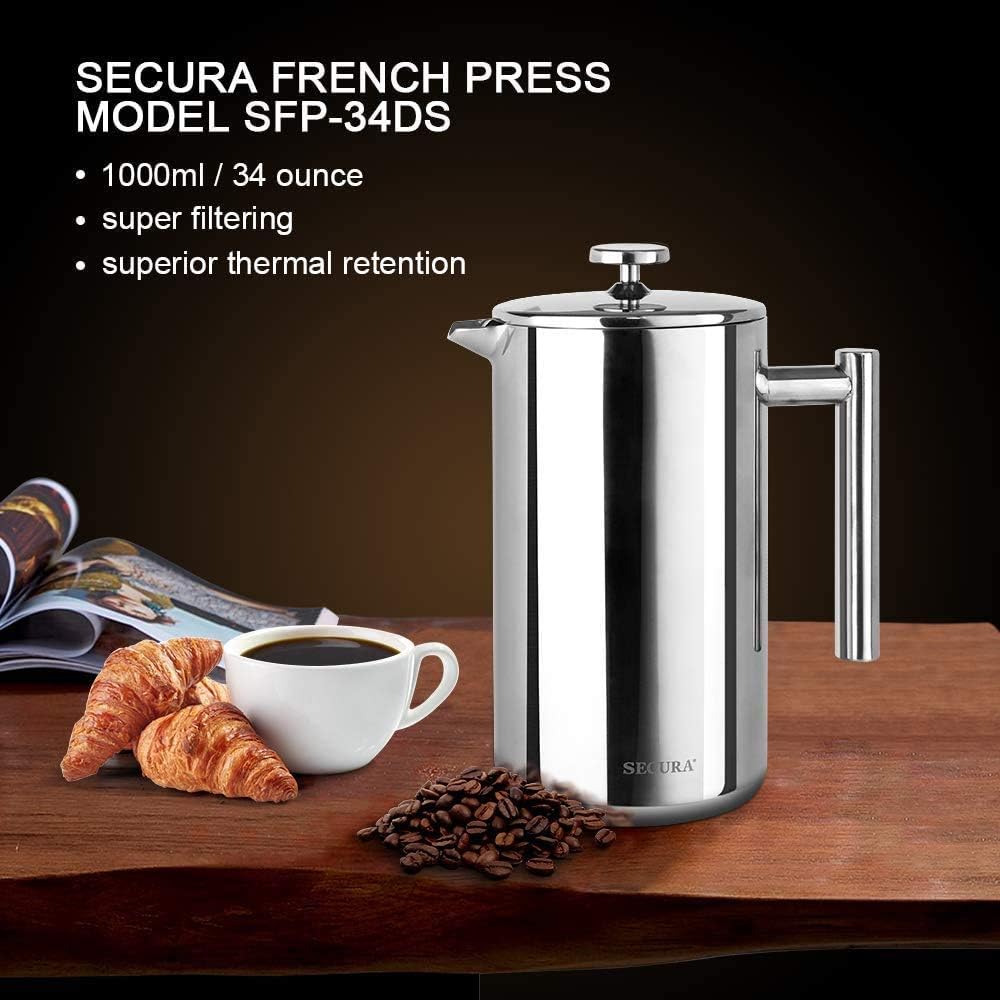 Secura French Press Coffee Maker, 304 Grade Stainless Steel Insulated Coffee Press with 2 Extra Screens, 34oz (1 Litre), Silver-6