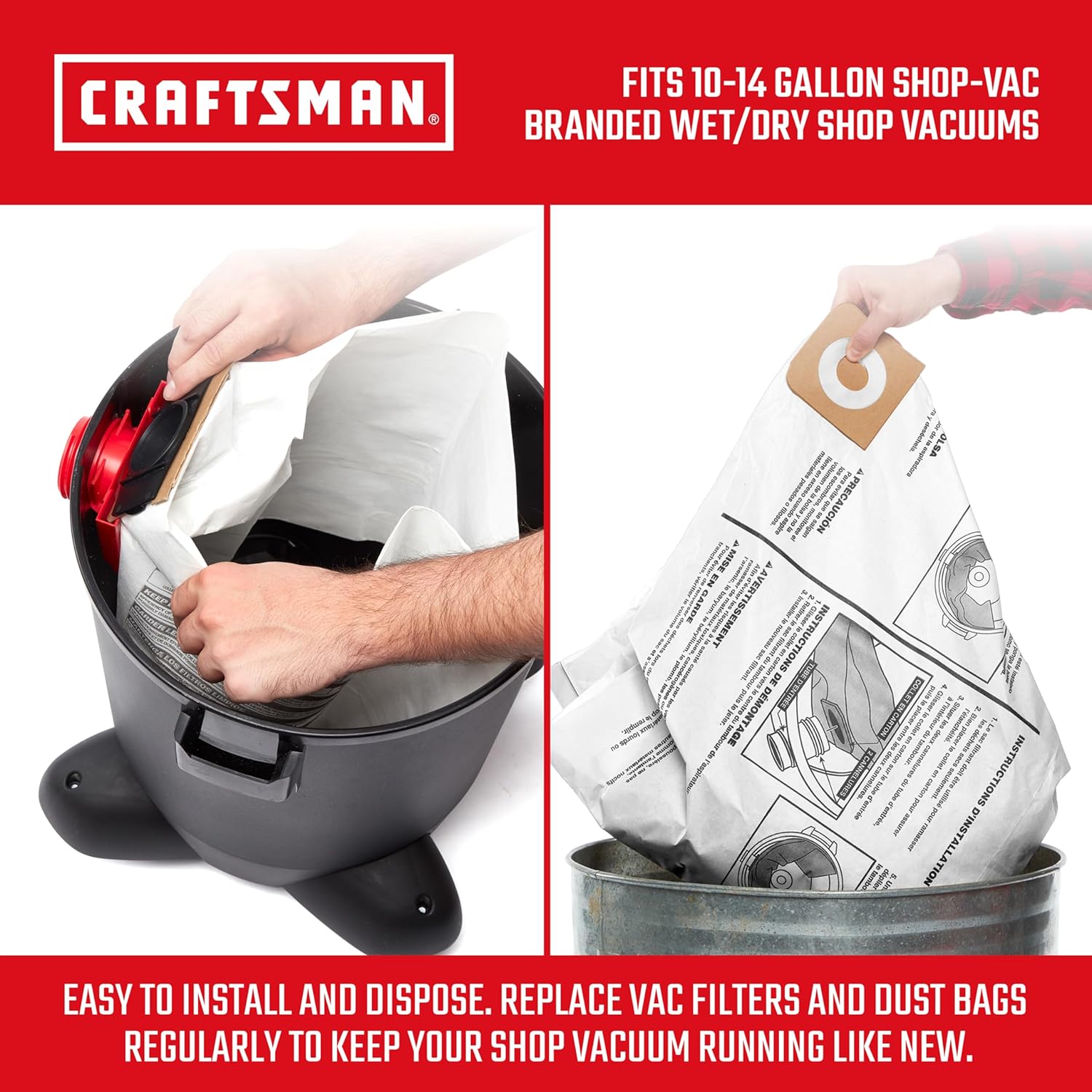 CRAFTSMAN CMXZVBE38768 General Purpose Wet/Dry Vac Dust Collection Bags for 10 to 14 Gallon Shop Vacuums, 3-Pack-2