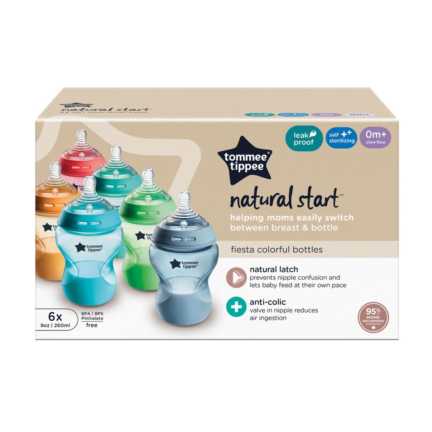 Tommee Tippee Natural Start Anti-Colic BPA Free Baby Bottles, 9oz, Slow-Flow Breast-Like Nipple for a Natural Latch, Designed for Seamless Transitions Between Bottle and Breast, Fiesta, Pack of 6-6