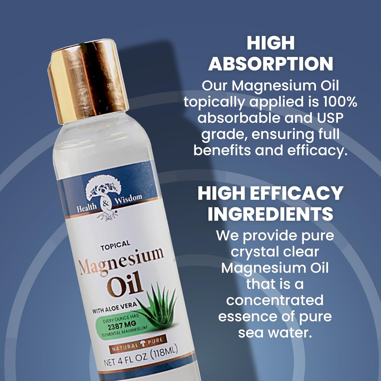 Health and Wisdom Topical Magnesium Oil with Aloe Vera - Pure Magnesium Oil, Magnesium Oil for Feet, Transdermal Magnesium Oil for Bath, Magnesium Massage Oil, Magnesium Chloride Oil - 4 Fl Oz-2