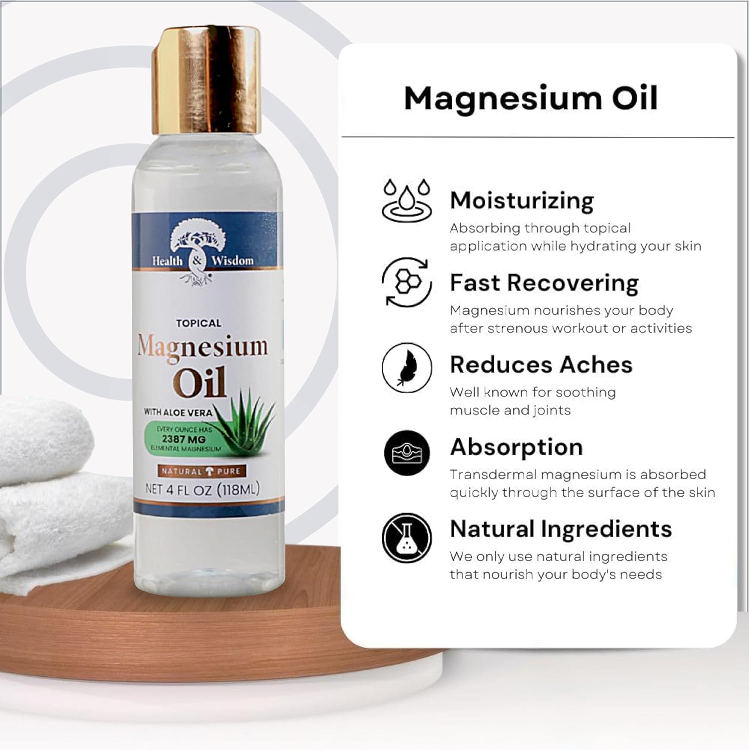 Health and Wisdom Topical Magnesium Oil with Aloe Vera - Pure Magnesium Oil, Magnesium Oil for Feet, Transdermal Magnesium Oil for Bath, Magnesium Massage Oil, Magnesium Chloride Oil - 4 Fl Oz-4