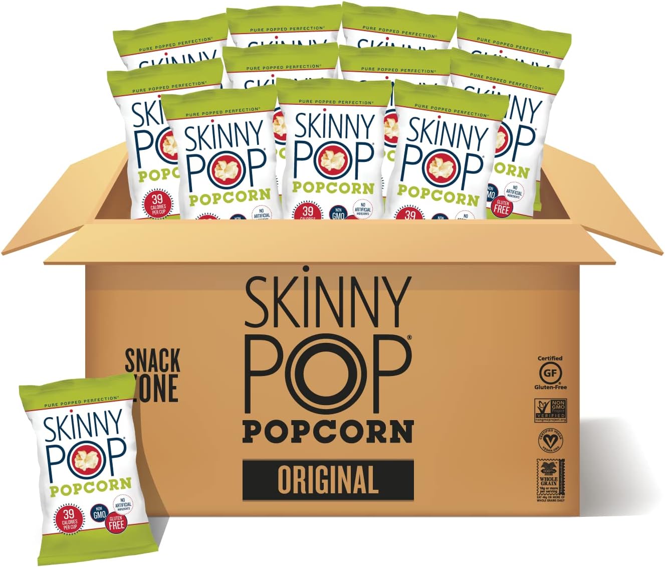 SkinnyPop Popcorn, Gluten Free, Dairy Free, Non-GMO, Healthy Snacks, Skinny Pop Original Popcorn, 1oz Individual Size Snack Bags (12 Count)-0