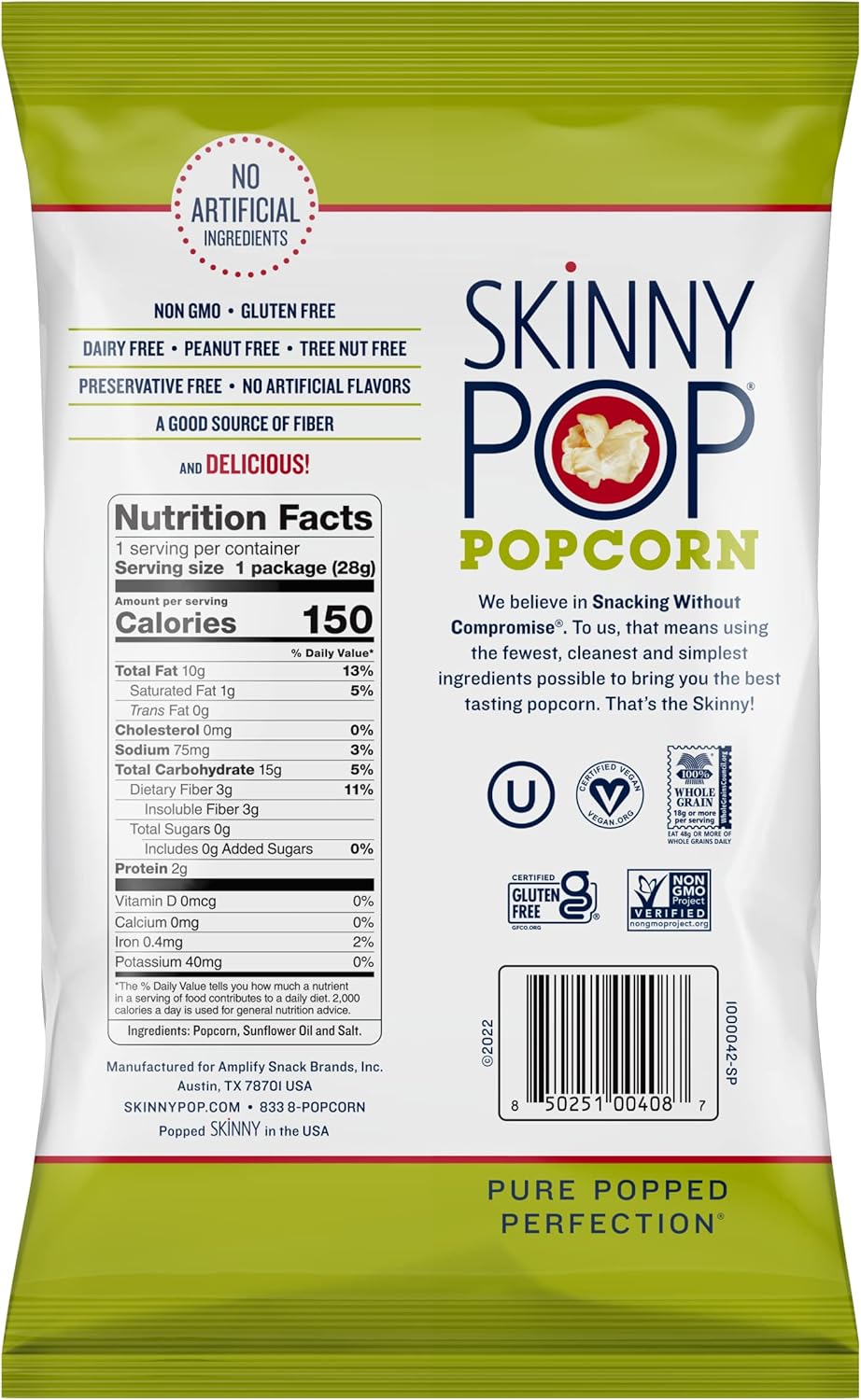 SkinnyPop Popcorn, Gluten Free, Dairy Free, Non-GMO, Healthy Snacks, Skinny Pop Original Popcorn, 1oz Individual Size Snack Bags (12 Count)-1