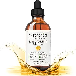 PURA D'OR 20% Vitamin C Serum 4 Oz - Lightweight Maximum Strength Formula - Retinol, Hyaluronic Acid, Ferulic Acid - Professional Grade Treatment For Face & Eyes, Wrinkles - Men & Women