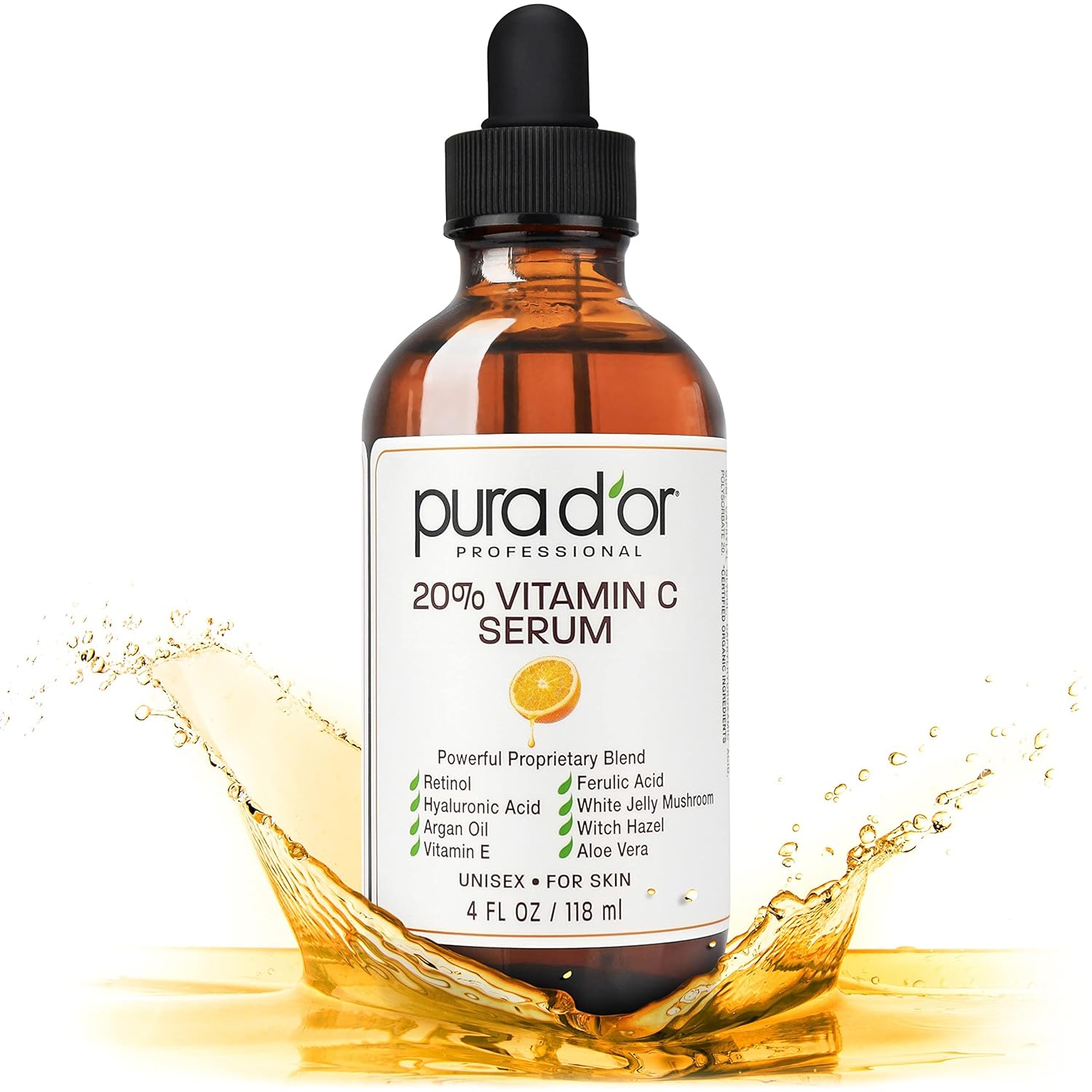 PURA D'OR 20% Vitamin C Serum 4 Oz - Lightweight Maximum Strength Formula - Retinol, Hyaluronic Acid, Ferulic Acid - Professional Grade Treatment For Face & Eyes, Wrinkles - Men & Women-0