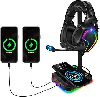 Headphone Stand with Wireless Charger Gaming Headset Holder with 10W/7.5W QI Charging Pad & 2 USB Charger Ports for Desktop PC Game Accessories