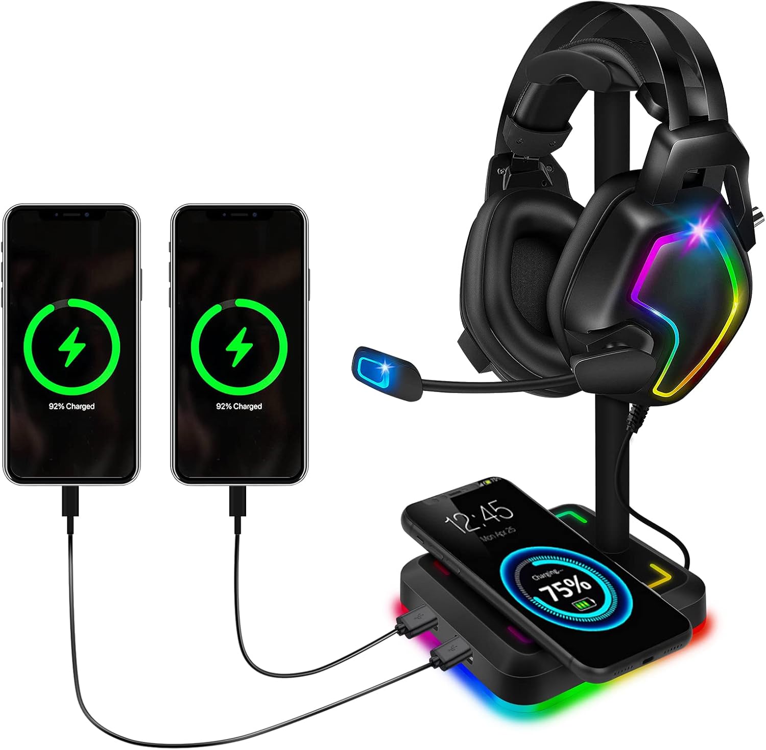 Headphone Stand with Wireless Charger Gaming Headset Holder with 10W/7.5W QI Charging Pad & 2 USB Charger Ports for Desktop PC Game Accessories-0