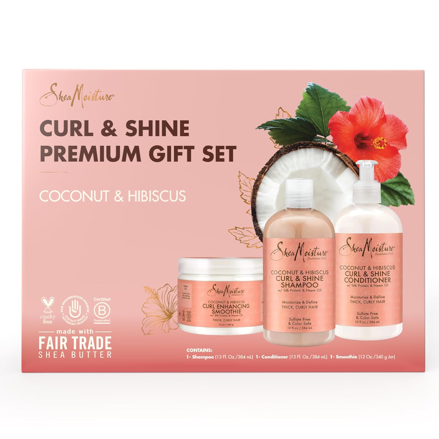 SheaMoisture Coconut & Hibiscus Curl Trio: Includes Curl & Shine Shampoo and CONDITIONER, Curl Enhancing Smoothie with Box-1