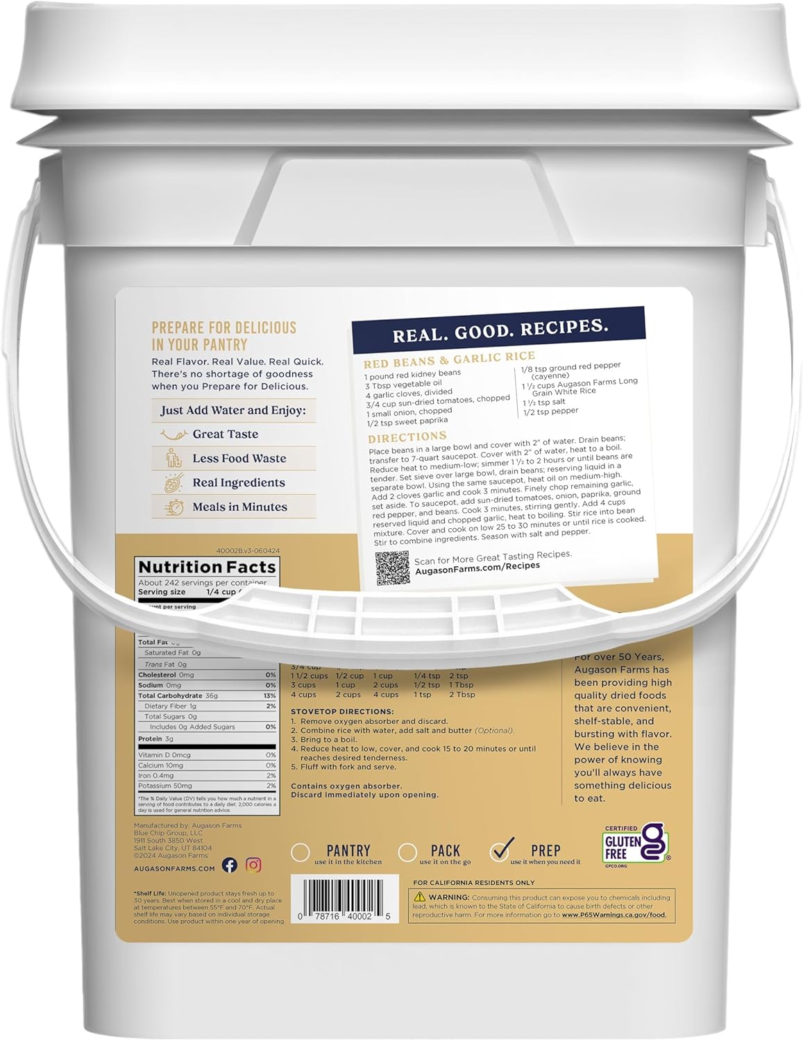 Augason Farms Long Grain White Rice 4-Gallon Pail, Emergency Food Supply, Everyday Meals, 242 Servings-1