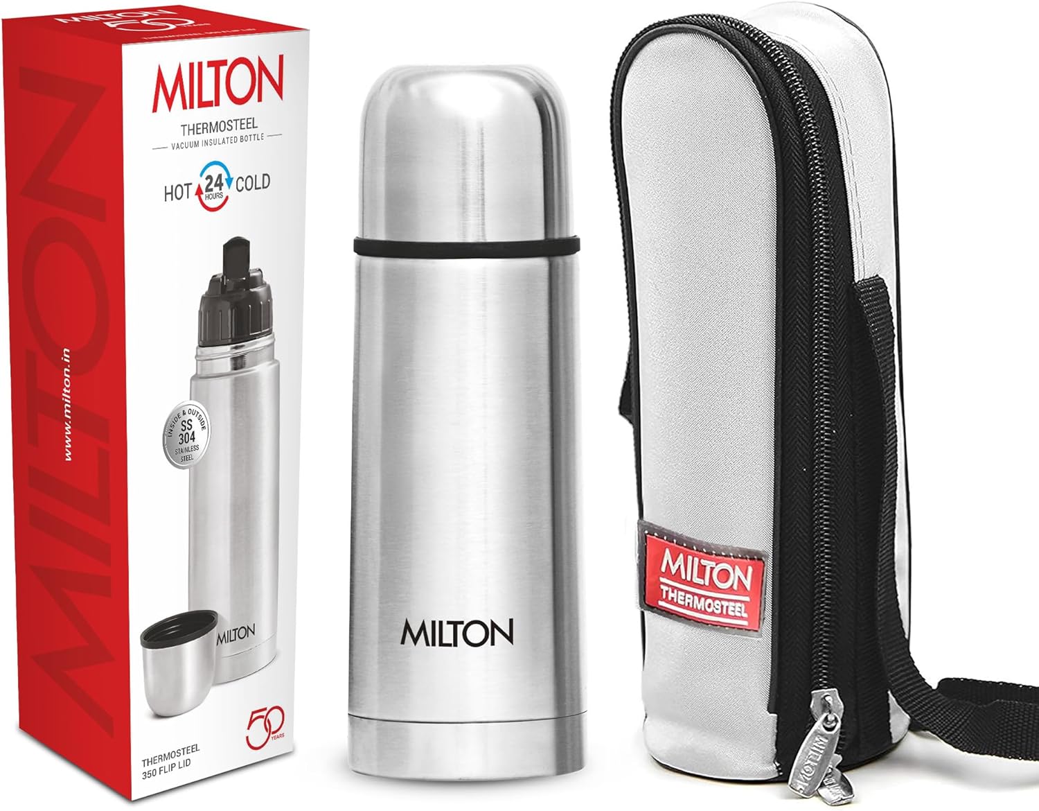 Milton Thermosteel Flip Lid Flask 350, Double Walled Vacuum Insulated Thermos 350 ml | 12 oz | 24 Hours Hot and Cold Water Bottle with Cover, 18/8 Stainless Steel, BPA Free, Leak-Proof | Silver-0