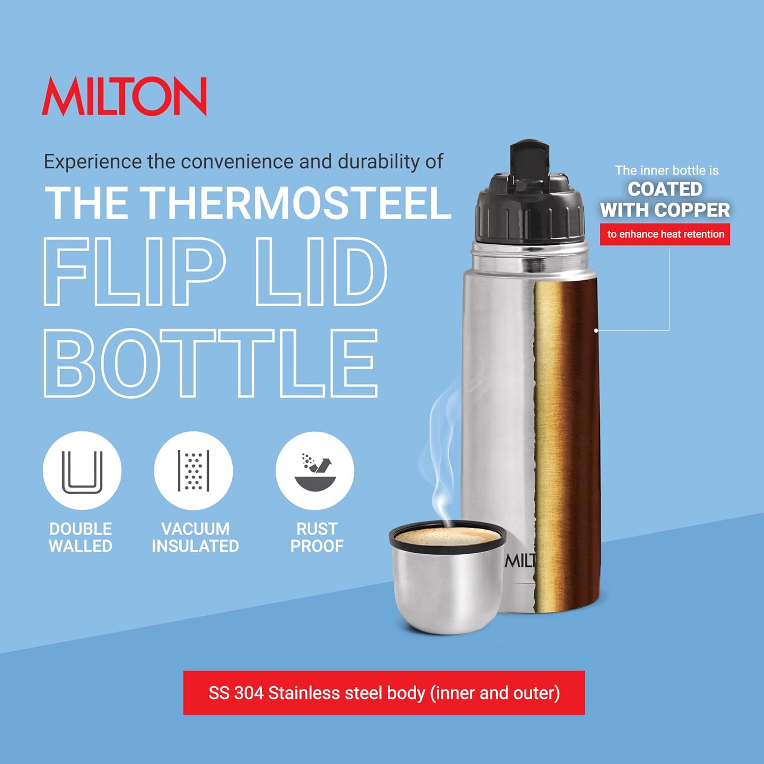 Milton Thermosteel Flip Lid Flask 350, Double Walled Vacuum Insulated Thermos 350 ml | 12 oz | 24 Hours Hot and Cold Water Bottle with Cover, 18/8 Stainless Steel, BPA Free, Leak-Proof | Silver-2