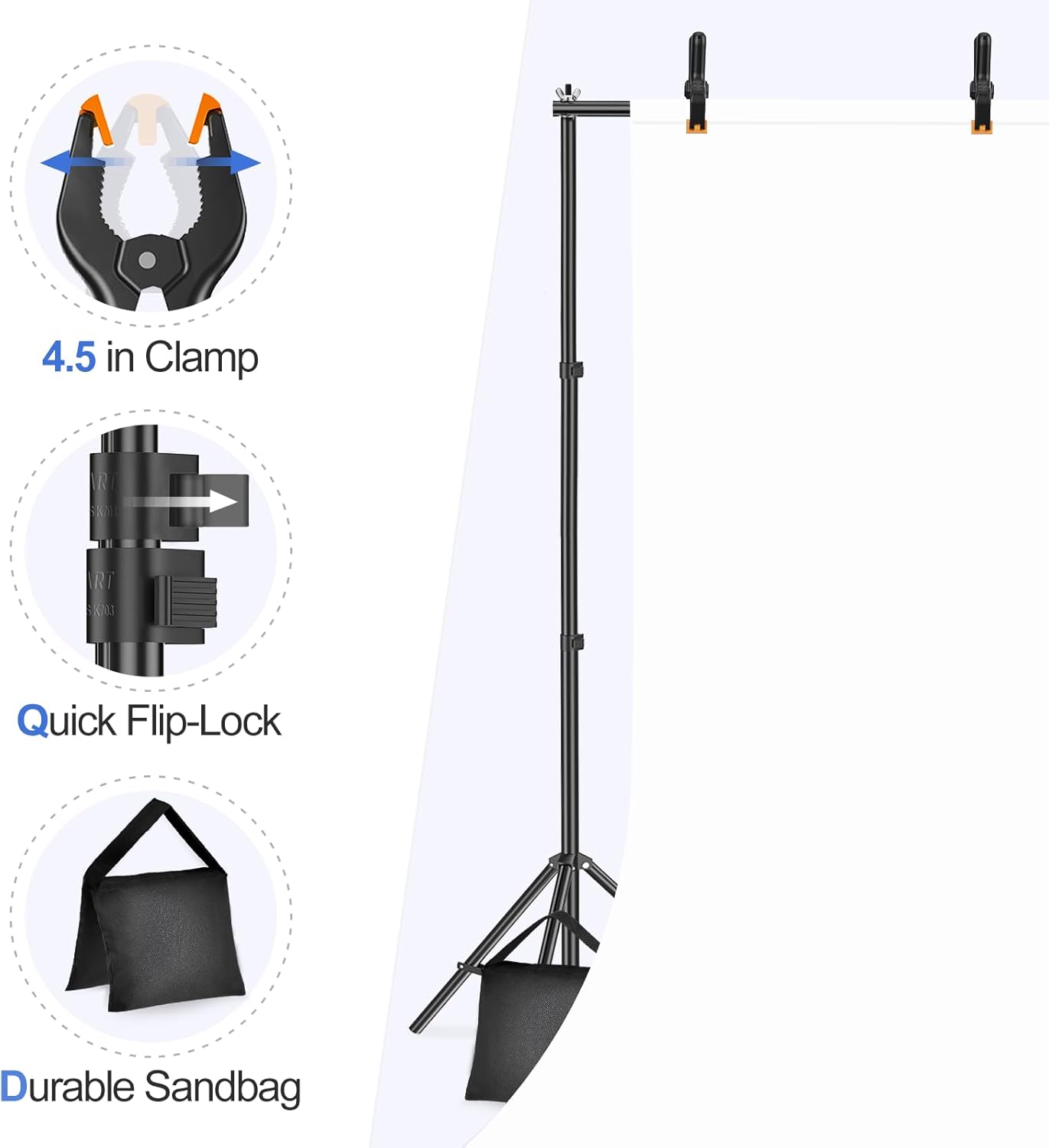 EMART Backdrop Stand 10x7ft(WxH) Photo Studio Adjustable Background Stand Support Kit with 2 Crossbars, 8 Backdrop Clamps, 2 Sandbags and Carrying Bag for Parties Events Decoration-4