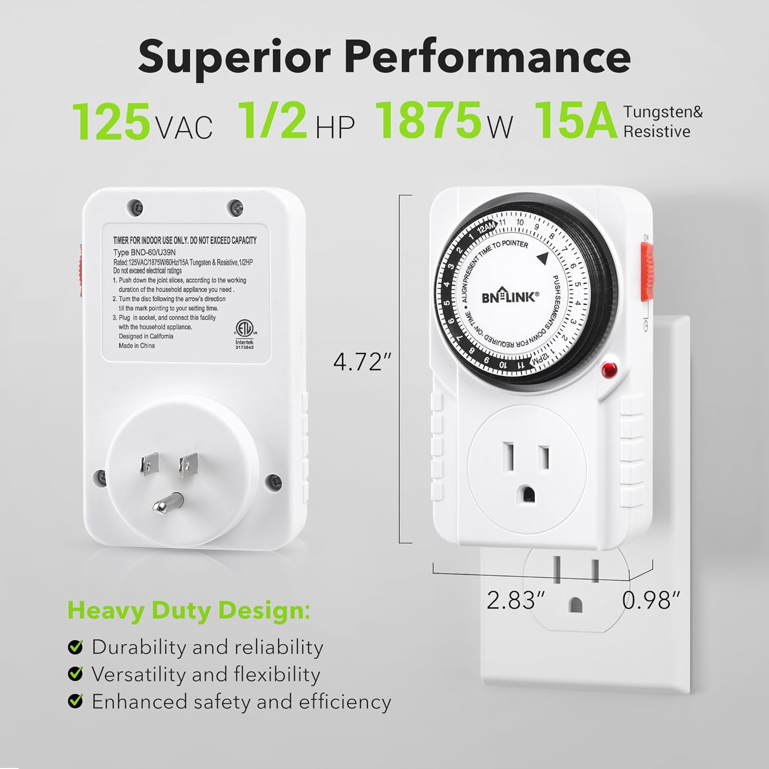 BN-LINK 24 Hour Plug-in Mechanical Timer Grounded for Aquarium, Grow Light, Hydroponics, Indoor Lighting, Home Appliances, ETL Listed 125VAC, 60 Hz, 1875W, 15A, 1/2HP (1 Pack)-3