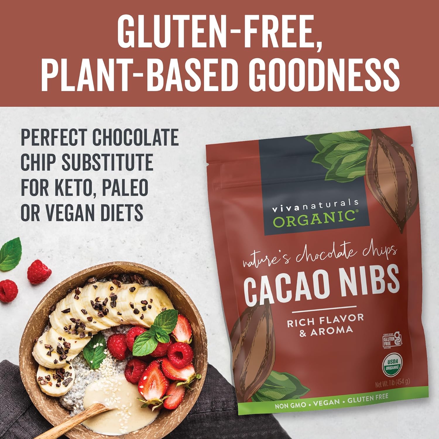 Viva Naturals Organic Cacao Nibs, 1 Lb - Certified Keto and Vegan Superfood, Perfect for Gluten Free Baking, Cacao Nib Smoothies and Healthy Snacks, Premium Criollo Beans, Non-GMO-3