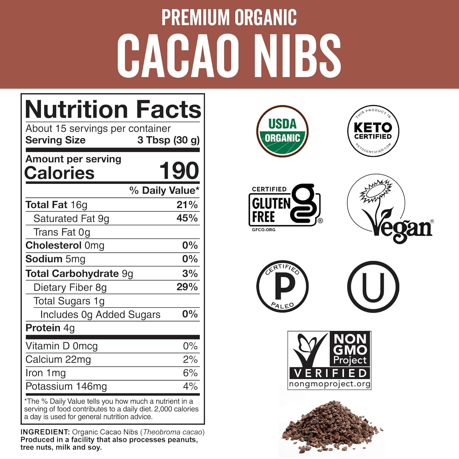 Viva Naturals Organic Cacao Nibs, 1 Lb - Certified Keto and Vegan Superfood, Perfect for Gluten Free Baking, Cacao Nib Smoothies and Healthy Snacks, Premium Criollo Beans, Non-GMO-5