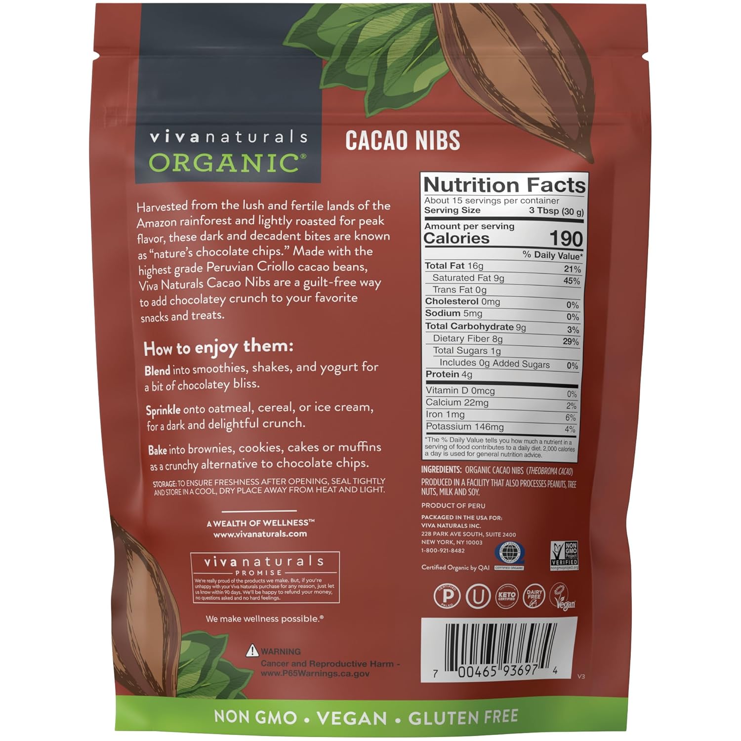 Viva Naturals Organic Cacao Nibs, 1 Lb - Certified Keto and Vegan Superfood, Perfect for Gluten Free Baking, Cacao Nib Smoothies and Healthy Snacks, Premium Criollo Beans, Non-GMO-6