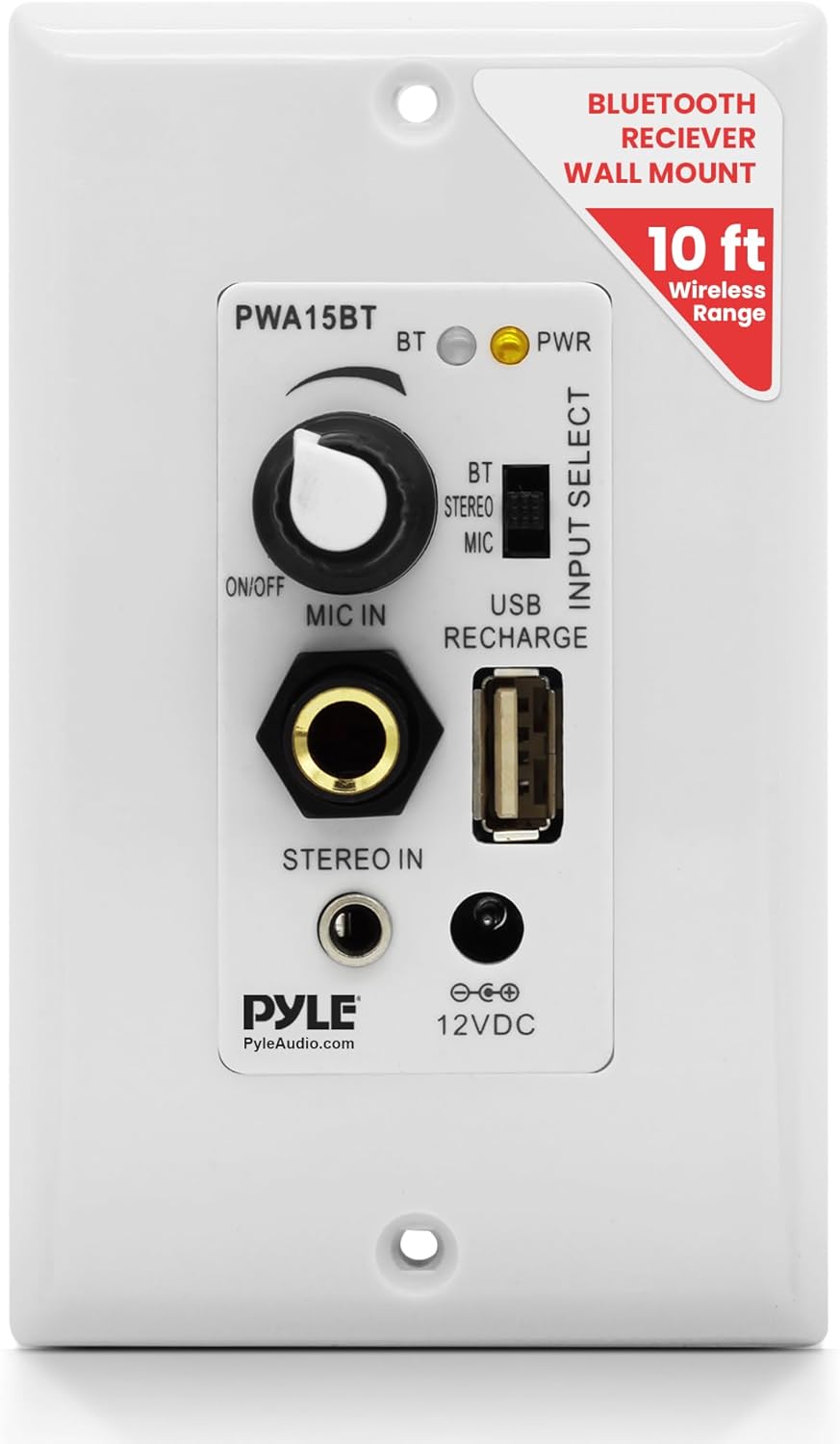 Pyle Wireless BT Receiver Wall Mount - 100W In-Wall Audio Control Receiver w/ Built-in Amplifier, USB/Microphone/Aux (3.5mm) Inputs, Speaker Terminal Block, Connect 2 Speakers, White - Pyle PWA15BT-0