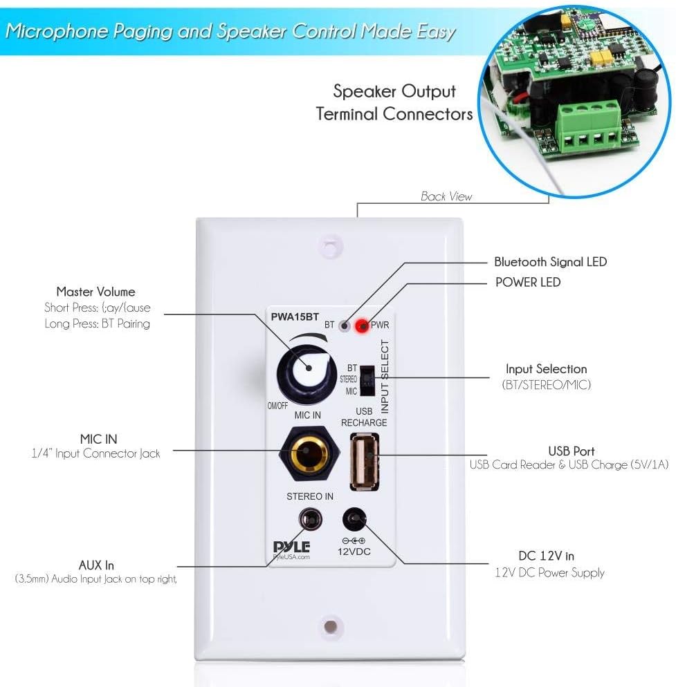 Pyle Wireless BT Receiver Wall Mount - 100W In-Wall Audio Control Receiver w/ Built-in Amplifier, USB/Microphone/Aux (3.5mm) Inputs, Speaker Terminal Block, Connect 2 Speakers, White - Pyle PWA15BT-1