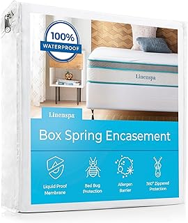 Linenspa Box Spring Encasement Queen, Complete Protection with Zipper, Waterproof Box Spring Protector Queen, White