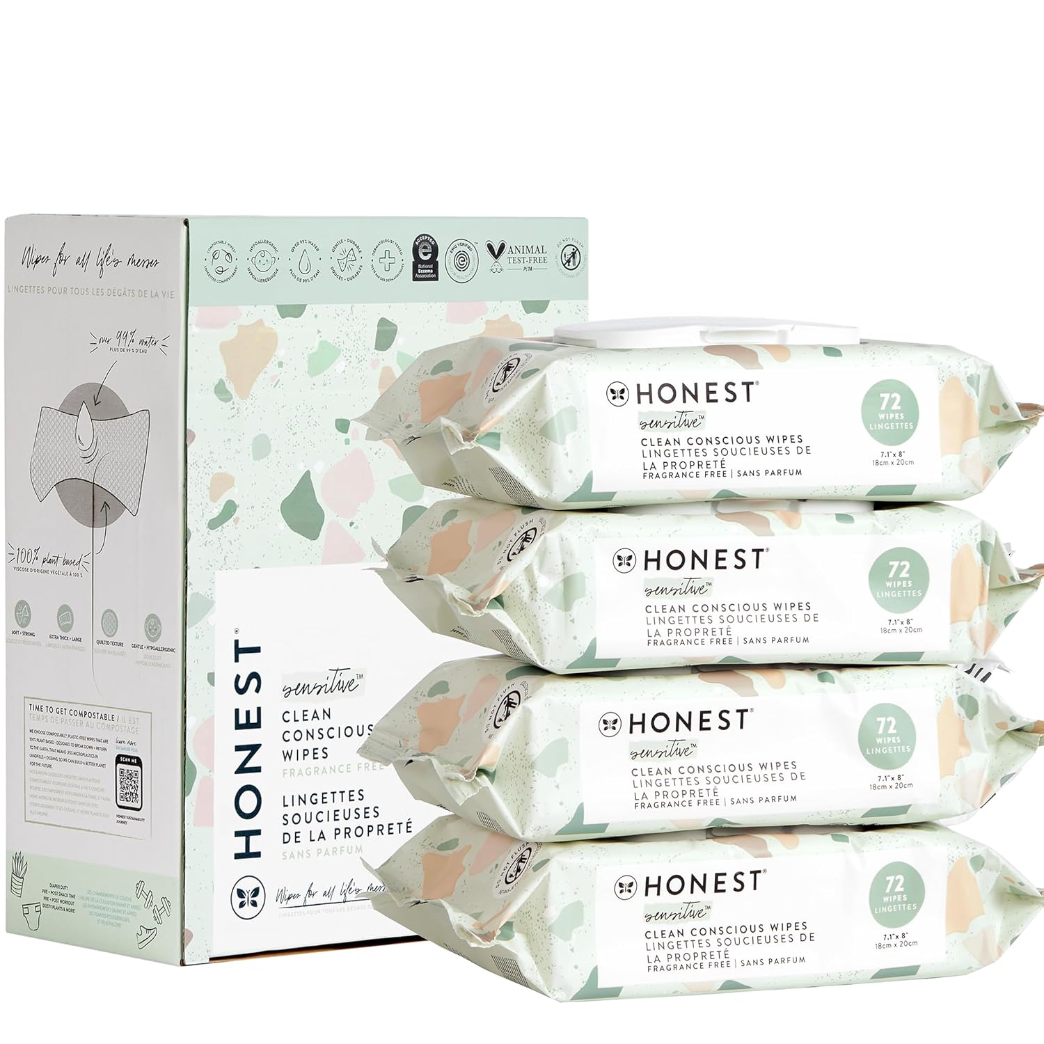 The Honest Company Clean Conscious Unscented Wipes | Over 99% Water, Compostable, Plant-Based, Baby Wipes | Hypoallergenic for Sensitive Skin, EWG Verified | Geo Mood, 288 Count-0