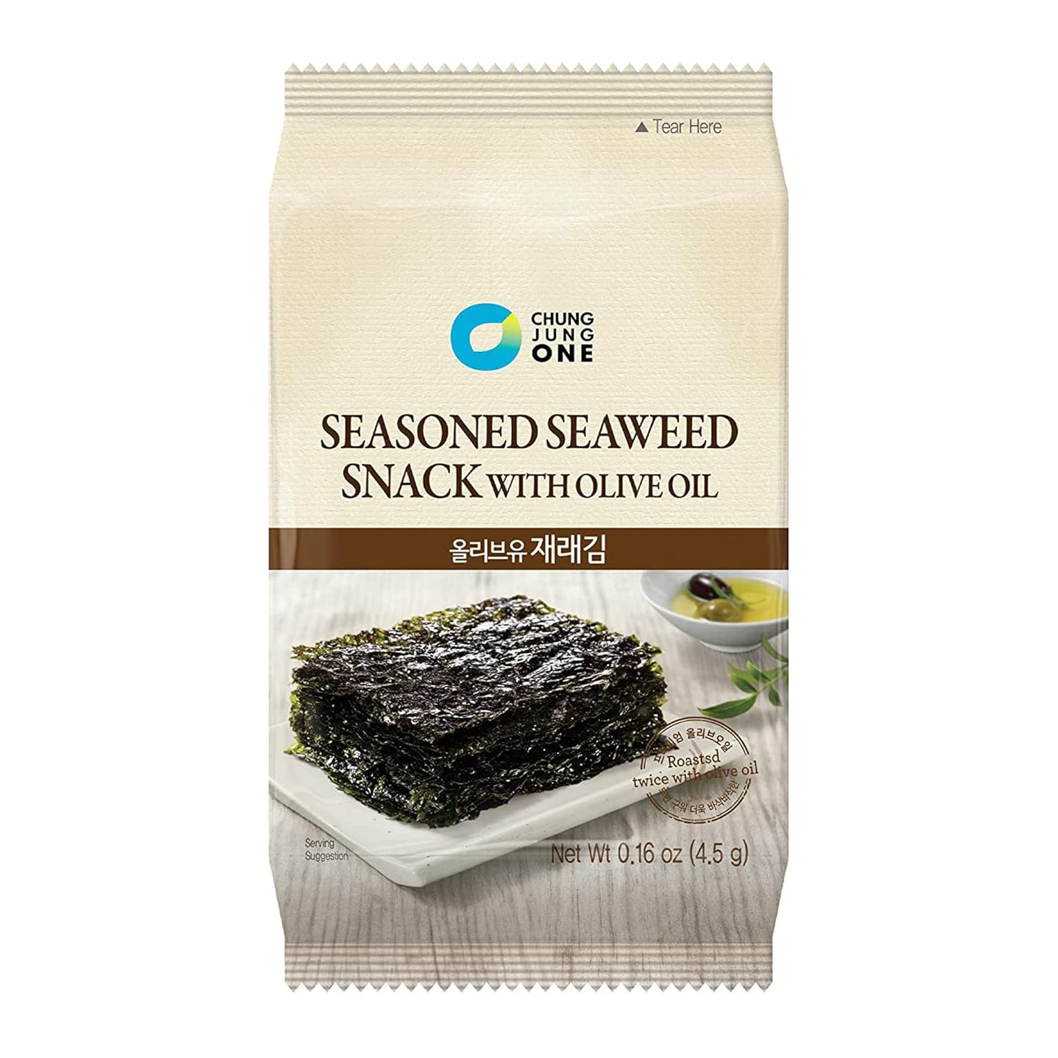 Chung Jung One Seasoned Seaweed Snacks (Kim Nori), Roasted with Oliver Oil, Product of Korea, 18 count (18 individual pack), 0.16oz (4.5g)-0