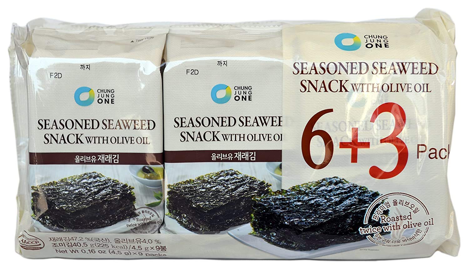 Chung Jung One Seasoned Seaweed Snacks (Kim Nori), Roasted with Oliver Oil, Product of Korea, 18 count (18 individual pack), 0.16oz (4.5g)-2