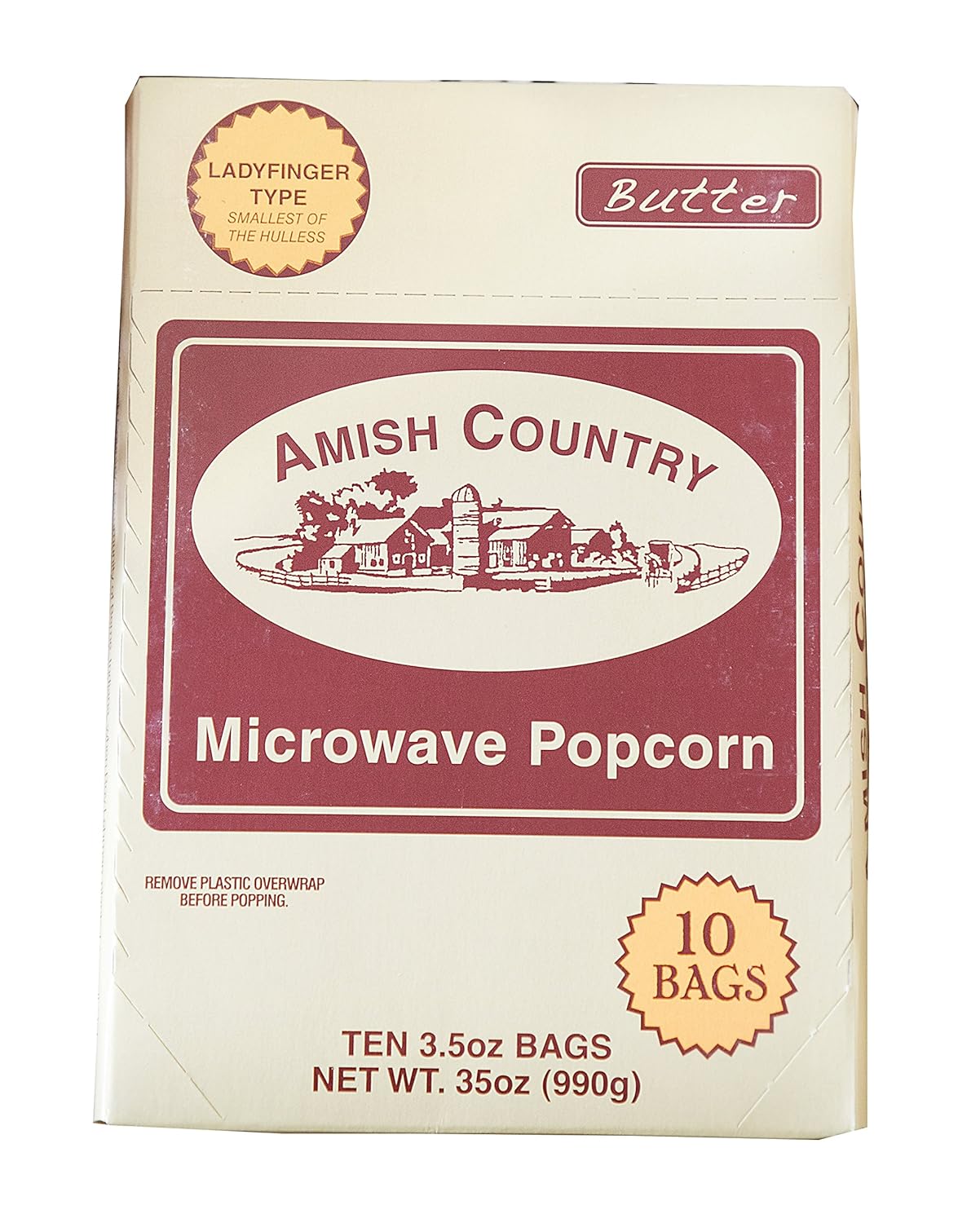 Amish Country Popcorn | Old Fashioned Microwave Popcorn | 10 Bags Ladyfinger Butter | Non-GMO, Gluten Free, Microwaveable and Kosher (10 Bags)-0