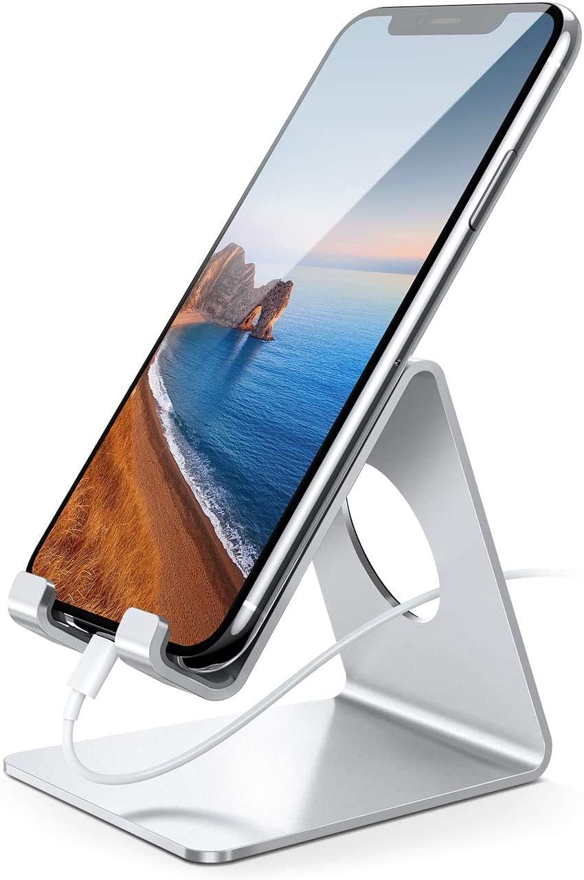 Lamicall Cell Phone Stand, Desk Phone Holder Cradle, Compatible with Phone 12 Mini 11 Pro Xs Max XR X 8 7 6 Plus SE, All Smartphones Charging Dock, Office Desktop Accessories - Silver-0