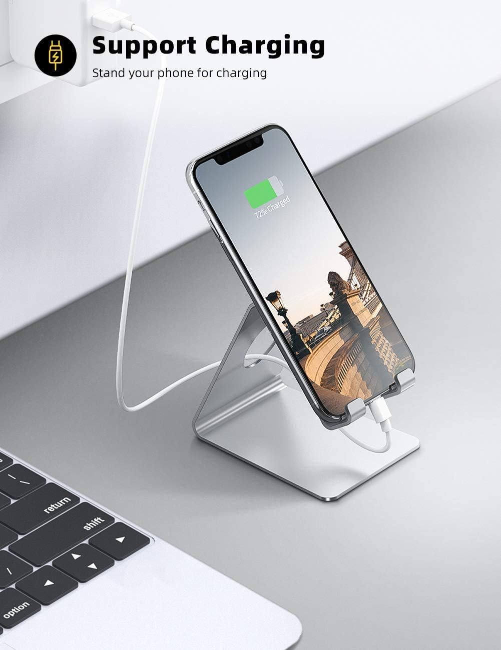 Lamicall Cell Phone Stand, Desk Phone Holder Cradle, Compatible with Phone 12 Mini 11 Pro Xs Max XR X 8 7 6 Plus SE, All Smartphones Charging Dock, Office Desktop Accessories - Silver-2