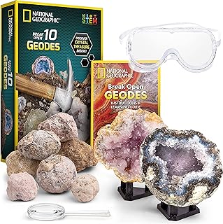 NATIONAL GEOGRAPHIC Break Open 10 Premium Geodes – includes Goggles and 2 Display Stands - Great STEM Science Kit, Geology Gift for Kids, Break Your Own Geodes with Crystals, Toys for Boys and Girls