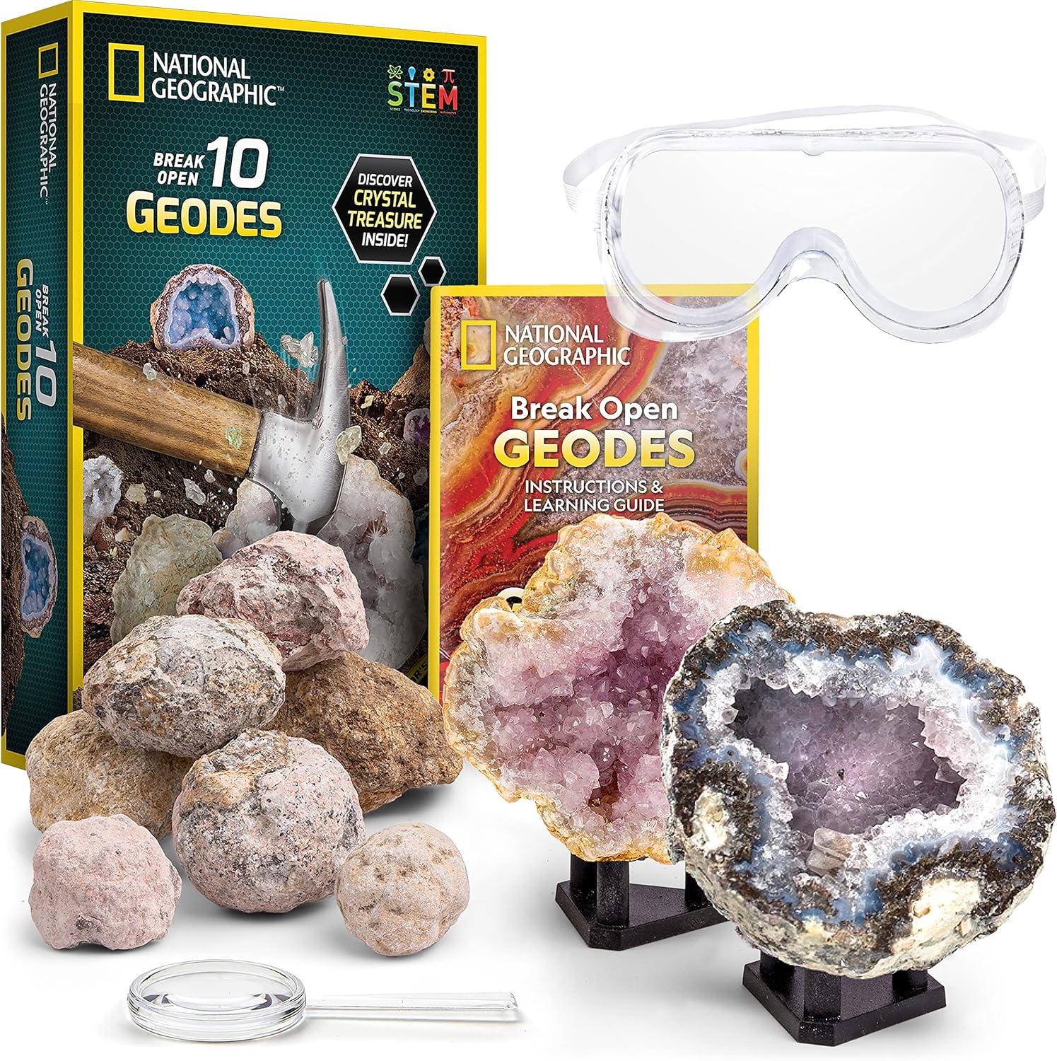 NATIONAL GEOGRAPHIC Break Open 10 Premium Geodes – includes Goggles and 2 Display Stands - Great STEM Science Kit, Geology Gift for Kids, Break Your Own Geodes with Crystals, Toys for Boys and Girls-0