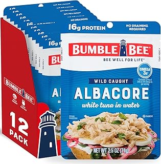 Bumble Bee Solid White Albacore Tuna in Water, 2.5 oz Pouch (Pack of 12) - Wild Caught Tuna - 16g Protein per Serving, High in Omega-3s - Non-GMO, Gluten Free, Kosher - No Draining Required