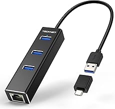 TECKNET USB to Ethernet Adapter, USB C to Ethernet, Aluminum 3 Port USB 3.0 Hub with RJ45 10/100/1000 Gigabit Ethernet Adapter Converter LAN Wired, USB Network Adapter with USB C for Laptop