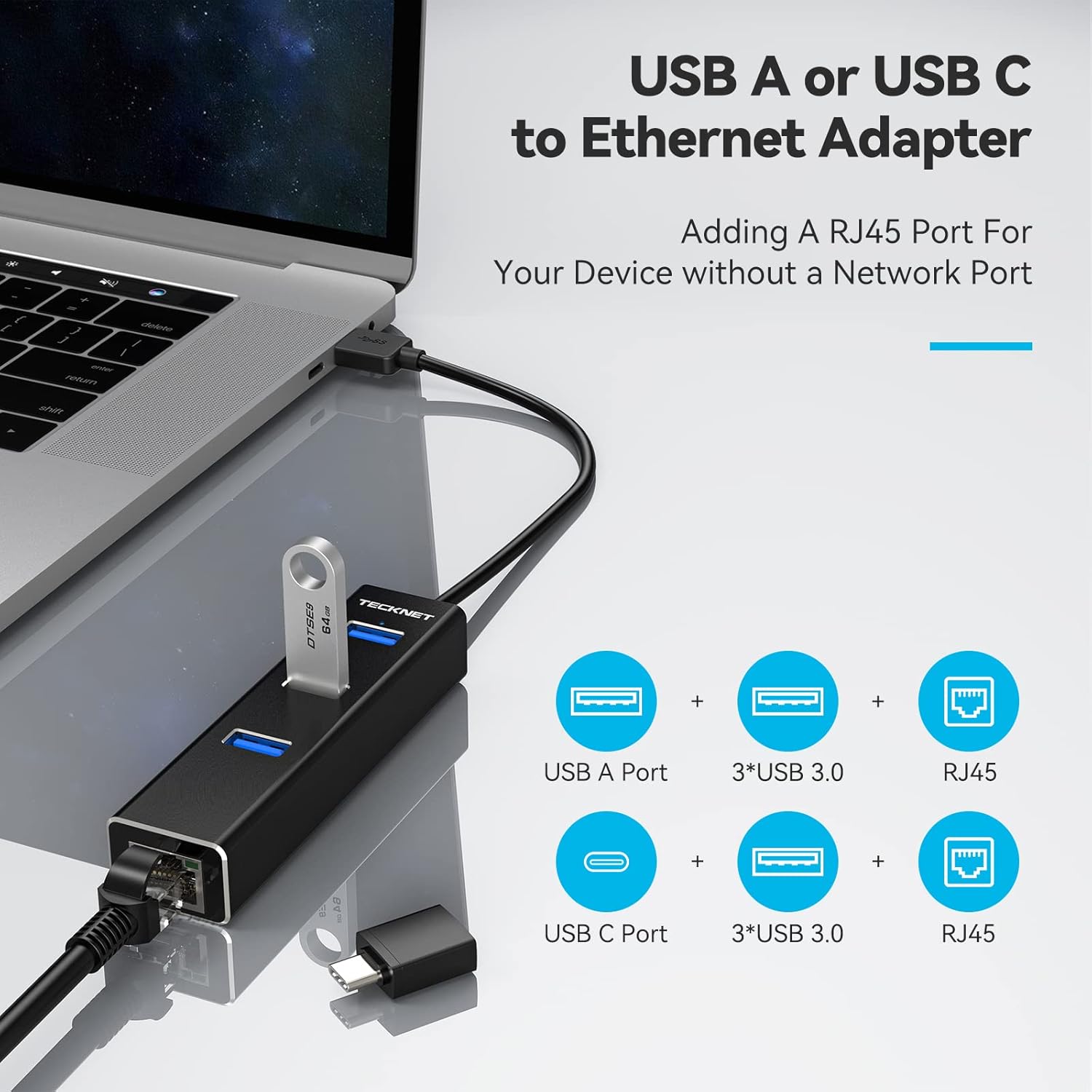 TECKNET USB to Ethernet Adapter, USB C to Ethernet, Aluminum 3 Port USB 3.0 Hub with RJ45 10/100/1000 Gigabit Ethernet Adapter Converter LAN Wired, USB Network Adapter with USB C for Laptop-1