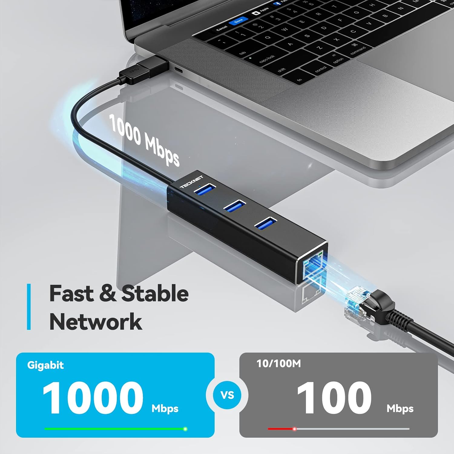 TECKNET USB to Ethernet Adapter, USB C to Ethernet, Aluminum 3 Port USB 3.0 Hub with RJ45 10/100/1000 Gigabit Ethernet Adapter Converter LAN Wired, USB Network Adapter with USB C for Laptop-2