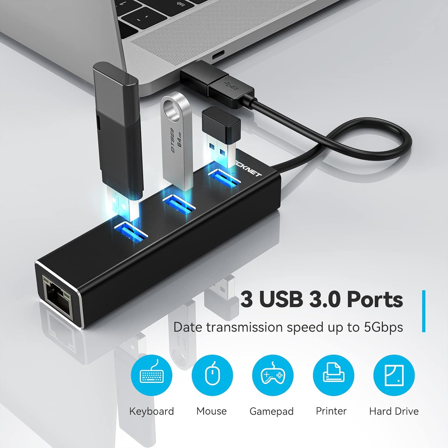 TECKNET USB to Ethernet Adapter, USB C to Ethernet, Aluminum 3 Port USB 3.0 Hub with RJ45 10/100/1000 Gigabit Ethernet Adapter Converter LAN Wired, USB Network Adapter with USB C for Laptop-3