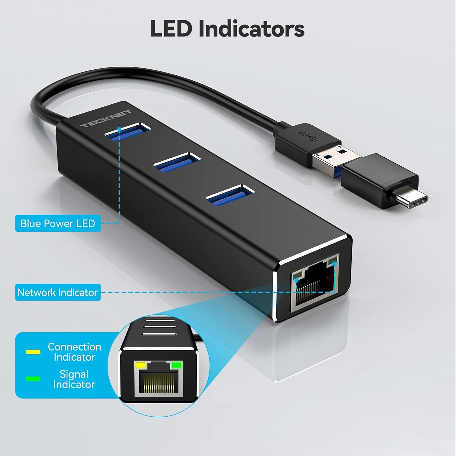 TECKNET USB to Ethernet Adapter, USB C to Ethernet, Aluminum 3 Port USB 3.0 Hub with RJ45 10/100/1000 Gigabit Ethernet Adapter Converter LAN Wired, USB Network Adapter with USB C for Laptop-5